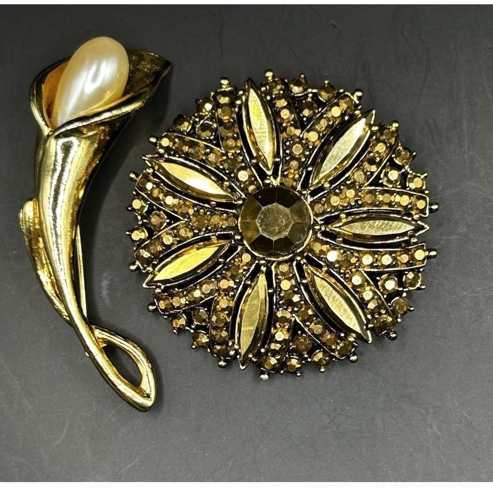 Vintage Brooch Lot  Calla Lily & Amber Mercury Glass Flower Pins 2pc Lot